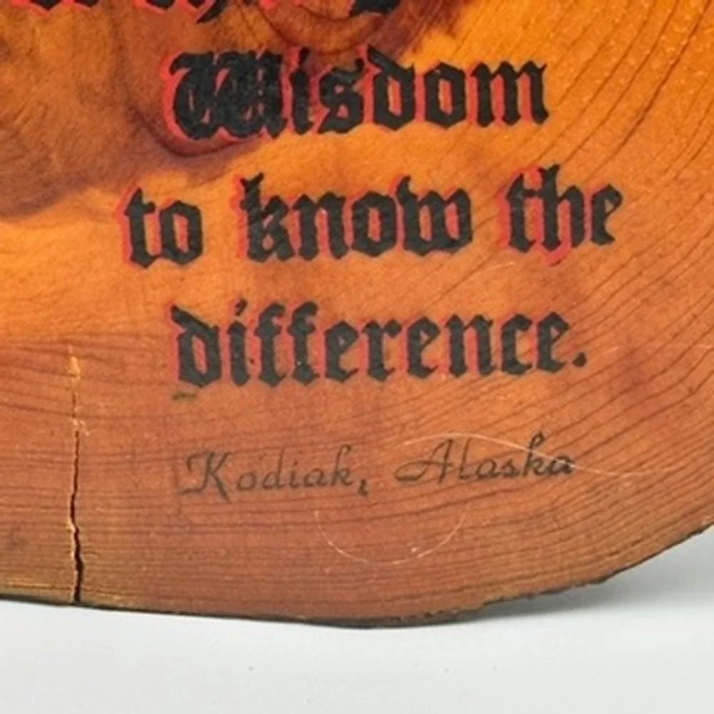 Vintage 80's Alaska Serenity Prayer Wood Slab Wall Plaque Rustic Decor Spiritual